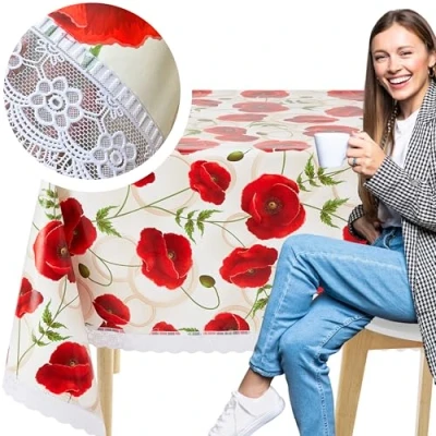 Image of KP HOME Wipe Clean Tablecloth Rectangular 78.7&quot;x 55.12&quot; (200x140cm) Plastic Table Cloth Clean, Rectangle Outdoor PVC Oil Cover Waterproof Wipeable Vinyl Poppy Lace Bloom Design
