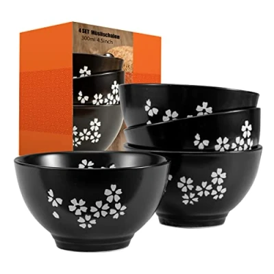 Image of Cereal Bowls Set of 4 Black Soup 300 ml Japanese Cherry Blossom Rice Bowl for Soups, Rice, Cereal, Pasta, Salad (4 Bowls)