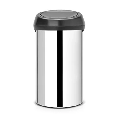 Image of Brabantia 60 Litre Large Kitchen Touch Bin (Brilliant Steel/Matt Black Lid) Removable Lid, Soft Open, Easy Clean Rubbish Food Waste