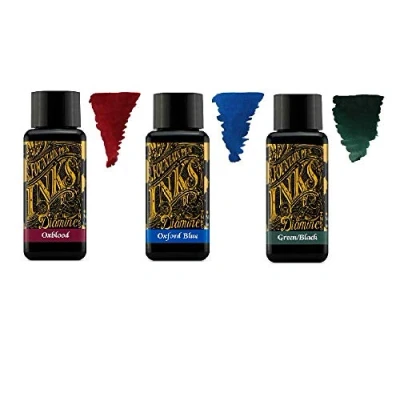 Image of Diamine Fountain Pen Ink 30ml Primary Color 3 x Bottles Oxblood &amp; Oxford Blue Green Black