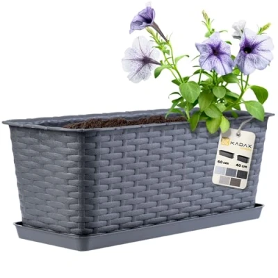 Image of KADAX Rattan like Planter, Plastic Long Box with Drainage Holes and Saucer, Rectangular Outdoor Plant Pot for Balcony, Railing, Windowsill (40 cm, Graphite)