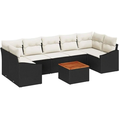 Image of vidaXL 8 Piece Garden Sofa Set with Cushions Black Poly Rattan Acacia