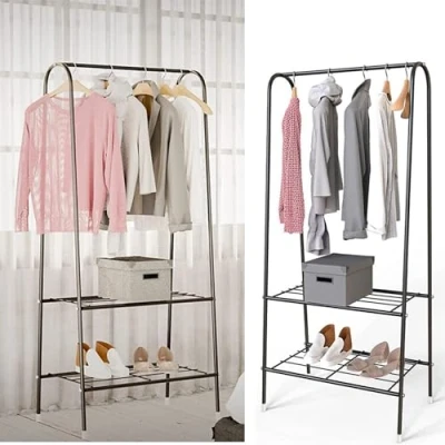 Image of Heavy Duty Metal Double Clothes Rail Hanging Rack Garment Display Stand Storage Shelf (Black)