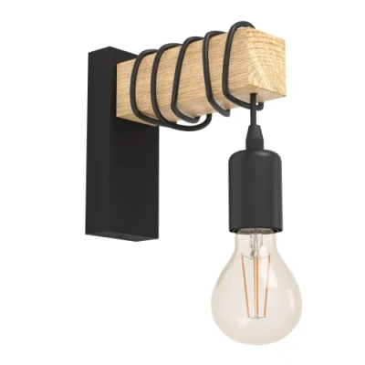 Image of Eglo Townshend Wall Light, Vintage lamp for Living Room, Industrial Design downlighter, Retro Indoor Light Made of Steel and Wood, Black, Brown, E27 Socket