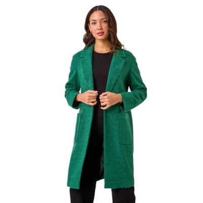 Image of Roman Single Breasted Longline Coatigan for Women UK Ladies Autumn Everyday Winter Holiday Long Sleeve Soft Collar Detail Comfy Patch Pockets Coat Desk to Dinner Jackets Green Size 10