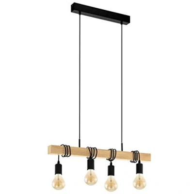 Image of Eglo Townshend 4 Flame Vintage Wooden Pendant Light, Rustic Retro/Industrial Design Ceiling E27 Socket, Black/Brown