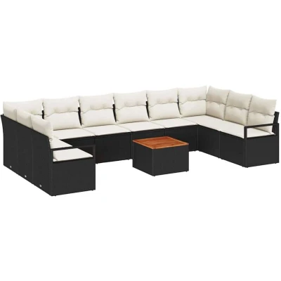Image of vidaXL 11 Piece Garden Sofa Set with Cushions Black Poly Rattan Acacia