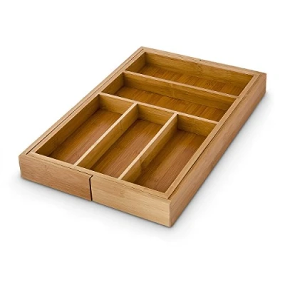 Image of Relaxdays Bamboo Kitchen Drawer Organiser, Adjustable Width, Cutlery Tray, 30 to 48 cm, 5 7 Compartments, Brown