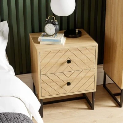 Image of Home Source Aztec Bedside Table, 2 Drawer Oak Effect Nightstand