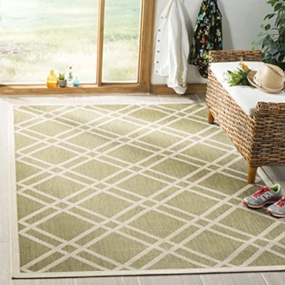 Image of SAFAVIEH Trellis Rug for Indoor &amp; Outdoor Courtyard Collection, Short Pile, in Green and Beige color, 79 X 152 cm