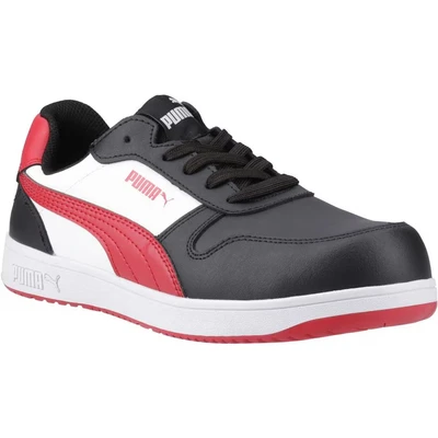 Image of PUMA Safety Frontcourse Low S3 ESD FO HRO SR Unisex Shoes Non Slip Metal Free Fibreglass Cap, Black / White Red, 9.5 UK