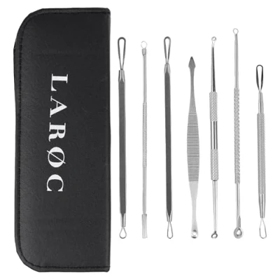 Image of LaRoc 7 Piece Tungsten Steel Blackhead Remover Tool Kit Acne Treatment Device, Pimple Popping Kit, Essential Extractors with Faux Leather Case, Ideal for Skin Care Sets &amp; Kits