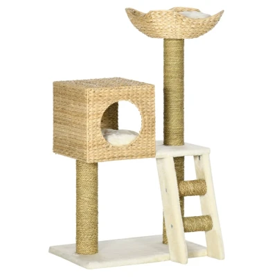 Image of PawHut Cat Tree for Indoor Cats Kitten Tower Cattail Weave with Scratching Posts, House, Bed, Ladder, Washable Cushions Natural Finish