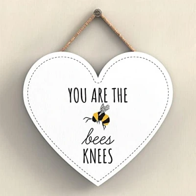 Image of Global Designs You Are The Bees Knees White Bee Themed Decorative Wooden Heart Shaped Hanging Plaque
