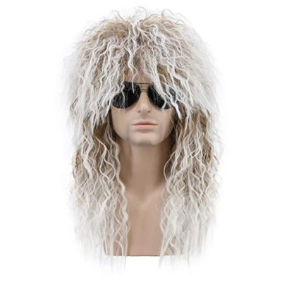 Image of Karlery Men and Women Long Curly Brown Gradient White Wig 70s 80s Rocker Mullet Party Funny Costume