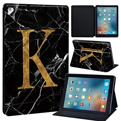 Image of Initial Letter Leather slim lightweight Stand Cover Case for Apple New iPad 9.7 2018 2017(6th Gen, 5th Gen)/iPad Air 2/iPad Air/iPad Pro Tablet with Auto Wake/Sleep (blackmarbleK)