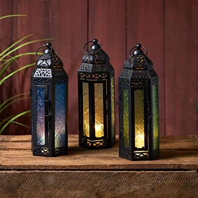 Image of Lights4fun Set of 3 Black Metal Moroccan Indoor Battery Operated LED Flameless Candle Lanterns with Colored Glass