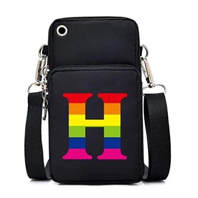 Image of FINDING CASE initial letter Printed Women Girls men Zipper Waterproof Nylon 3 Layers Crossbody Bags Wallet Cellphone Purse Shoulder Bag Wristlet Handbags Adjustable Strap (rainbow H)