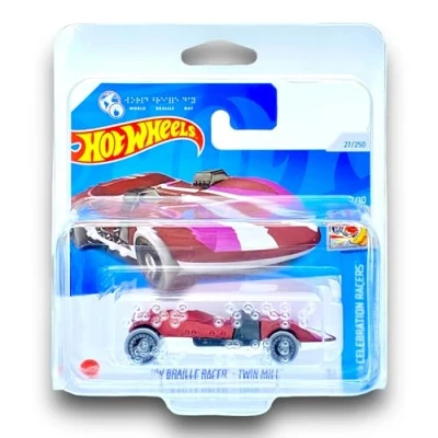 Image of Hot Wheels HW Braille Racer Twin Mill (Matt Red, White &amp; Pink) 1/10 Celebration Racers 2024 27/250 (Short Card) COMES IN A KLAS CAR KEEPER SHORT CARD PROTECTOR CASE HRY95