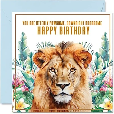 Image of Lion Birthday cards for Men &amp; Women Roarsome Animal 145mm x Greeting Cards, Card Mum Dad Sister Brother Daughter Uncle Auntie Bestie Work Colleague Friend Funny bday