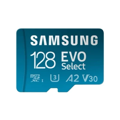 Image of Samsung EVO Select (2024) microSD card + SD adapter, 128GB, Memory for smartphone and tablet, UHS I U3, 4K UHD, Full HD, 160 MB/s Read, MB ME128SA/EU