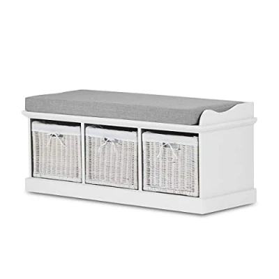 Image of Tetbury White Hallway Storage Bench with 3 Wicker Baskets 112cm Fully Assembled Shoe Grey Cushion Seat Seater Wooden
