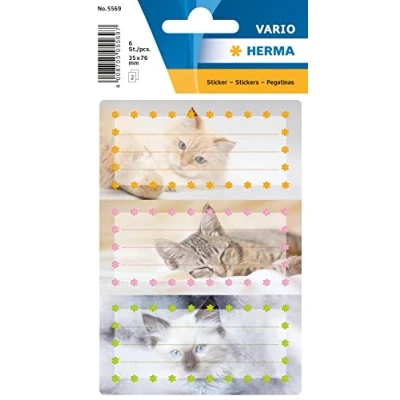 Image of HERMA 5569 Book Labels for Labelling, Cats (76 x 35 mm, 6 Name Stickers, Paper, Glitter), Self Adhesive, Permanent Adhesive School Books, Notebooks, Boxes, Household, Colourful