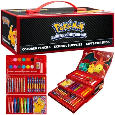 Image of Pokemon Art Supplies Set, 40+ Pcs Kids Painting Drawing Colouring Travel Case with Crayons Felt Tips Watercolours Gifts (Black/Red)