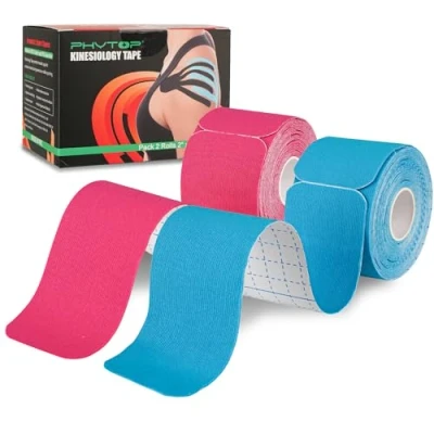 Image of PHYTOP K Tape (40 Strips, 25cm x 5cm) Latex Free Kinesiology Pre Cut for Sports Physio Ideal Knee, Shoulder, and Elbow Support (Blue + Pink)