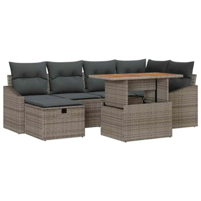 Image of vidaXL 7 Piece Garden Sofa Set with Cushions Grey Poly Rattan