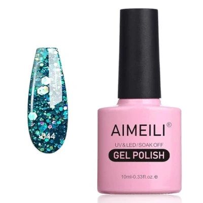 Image of AIMEILI Soak Off UV LED Gel Nail Polish Diamond Glitter Teal Blue Green (044) 10ml