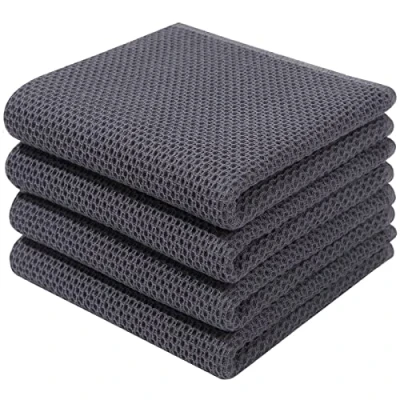 Image of Homaxy 100% Cotton Waffle Weave Kitchen Dish Towels, Ultra Soft Absorbent Quick Drying Cleaning Towel, 13x28 Inches, 4 Pack, Dark Grey