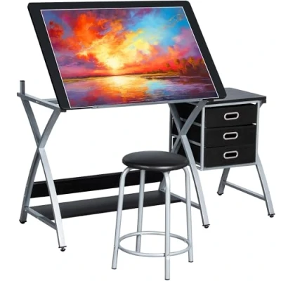 Image of Yaheetech Adjustable Height Drawing Table, Artist Drafting Table with Tiltable Tabletop, Art Craft Desk for Artwork, Graphic Design, Reading