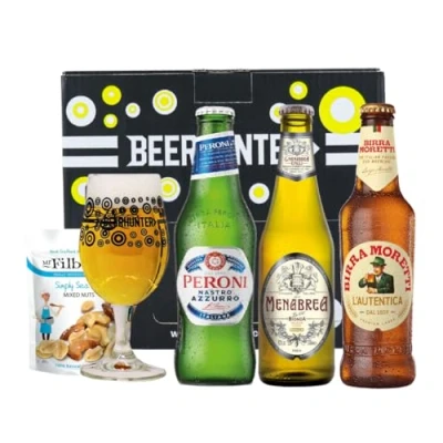 Image of Beer Hunter Italian Lager Gift Set with Glass (3 Pack) Peroni, Birra Moretti, Menabrea