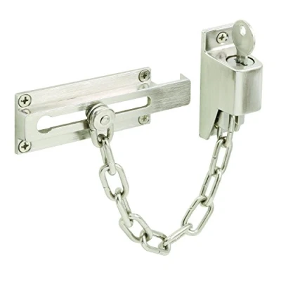 Image of Prime Line U 11093 Keyed Chain Door Guard, 3 1/4 in., Steel and Diecast Construction, Satin Nickel Plated Finish (Single Pack)
