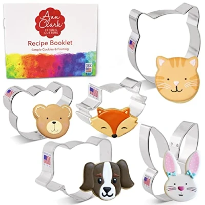 Image of Animal Faces Cookie Cutters 5 Pc. Set Made in The USA by Ann Clark, Cat, Dog, Bear, Raccoon/Fox, Bunny