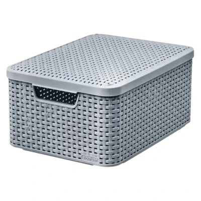 Image of Curver Rattan Style Storage Box with Lid, 18 L, Basket, Plastic, Made of Recycled Material in at least 70% (Light Grey, M: 38.6 x 28.7 17 cm)
