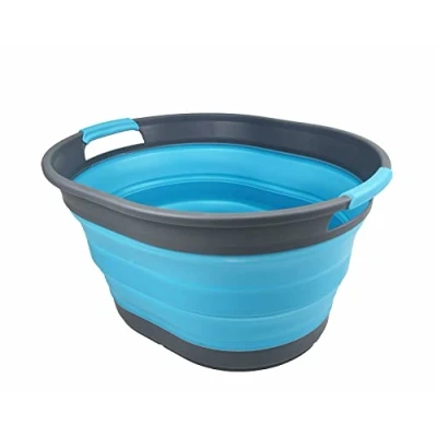 Image of SAMMART 23L Collapsible Plastic Laundry Basket Oval Tub/Basket Foldable Storage Container/Organizer Portable Washing Tub Space Saving Hamper (1, Grey/Ocean Blue)