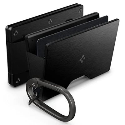 Image of Spigen RFID Blocking Wallet Slim Minimalist Credit Card Holder with Key Ring, Carabiner for Men and Women Cash Strap Black