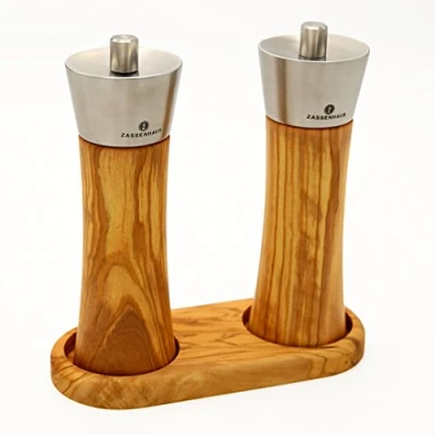 Image of Zassenhaus Augsburg Salt and Pepper Mill Set, Olive Wood, 18 cm with Matching Coaster