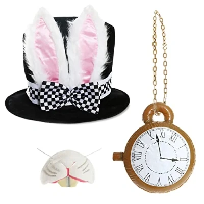 Image of Adults Rabbit Costume Accessory Hat with Attached Ears and Bow, Inflatable Clock, Nose on Elastic World Book Day Week Fancy Dress
