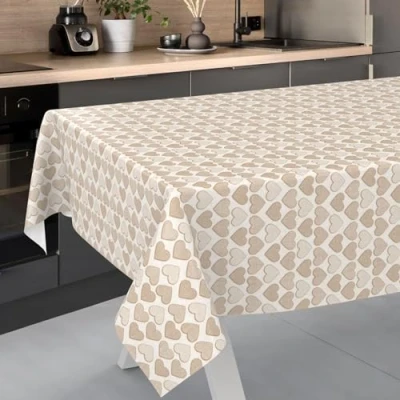 Image of ANRO Oilcloth Tablecloth, Washable, Oilcloth, Garden Outdoor, Indoor, 240 x 140 cm, Cut Edge, Heart, Beige