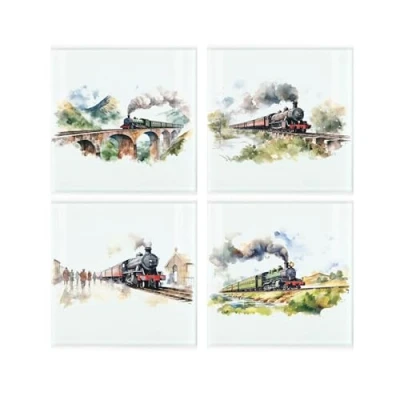 Image of Great British UK Steam Trains Coaster Set Square Glass Painted Scene Design of Four (4) Coasters