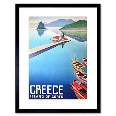 Image of Wee Blue Coo 9x7 &#039;&#039; CORFU GREECE BOATS PIER FRAMED ART PRINT PICTURE MOUNT PHOTO F97X1248