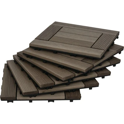 Image of Outsunny 27 Pcs Wooden Interlocking Decking Tiles, 30 x cm Outdoor Flooring 2.5㎡ per Pack, for Patio, Balcony, Terrace, Hot Tub, Charcoal Grey
