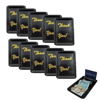 Image of Chabrias Ltd Pack of 10 Plastic Rectangle Tip Trays Professional Bill Presenter for Bars, Restaurants, and Hotels (Black (Thank You))
