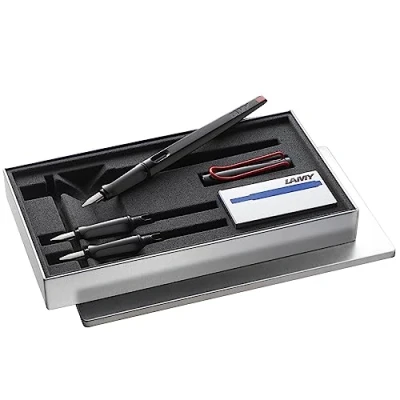 Image of Lamy joy black calligraphy fountain pen set with 3 different nibs (1.1/1.5/1.9 mm) ribbon nib &amp; ergonomic grip incl. 5 T 10 blue ink cartridges