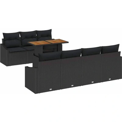 Image of vidaXL 8 Piece Garden Dining Set with Cushions Black Poly Rattan Acacia