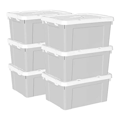 Image of Cetomo 45L*6 Storage Boxes, Carry Plastic Box with Lids, Organizing Container Handle and Secure Latching Buckles, Stackable, Nestable, Tote Bin for Home Office Clothes, 45L 6Pack, Gray
