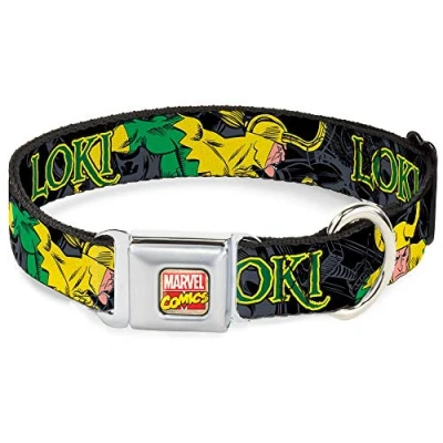 Image of Buckle Down 9 15&quot; MARVEL COMICS LOKI in Action Black/Gray/Yellow/Green Dog Collar, Small
